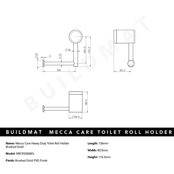 Nero Mecca Care Heavy Duty Toilet Roll Holder Brushed Gold