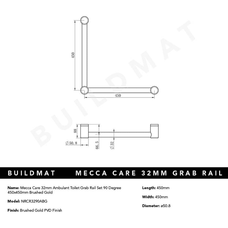 Mecca Care 32mm Ambulant Toilet Grab Rail 90 Degree 450x450mm Brushed Gold