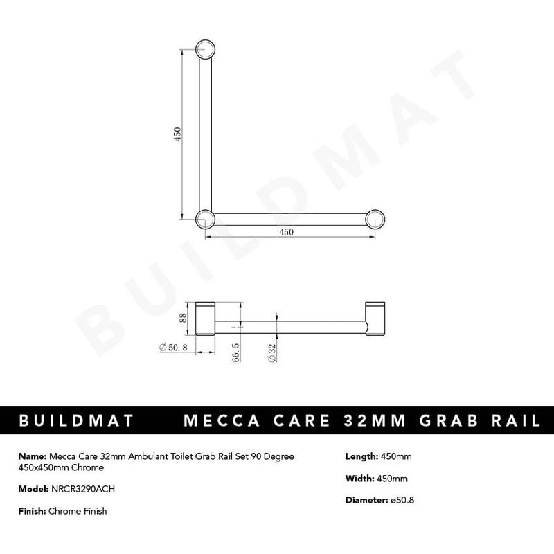 Mecca Care 32mm Ambulant Toilet Grab Rail 90 Degree 450x450mm Chrome