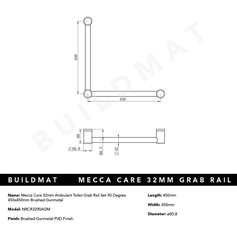 Mecca Care 32mm Ambulant Toilet Grab Rail 90 Degree 450x450mm Brushed Gunmetal