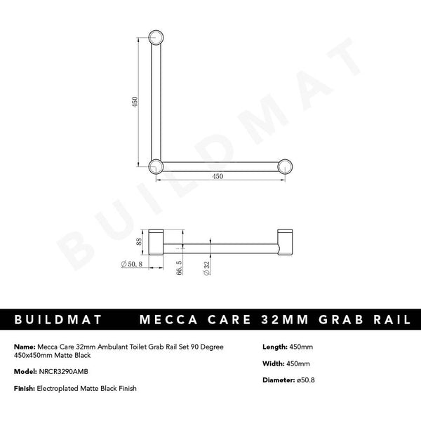 Nero Mecca Care 32mm Ambulant Toilet Grab Rail 90 Degree 450x450mm Matte Black