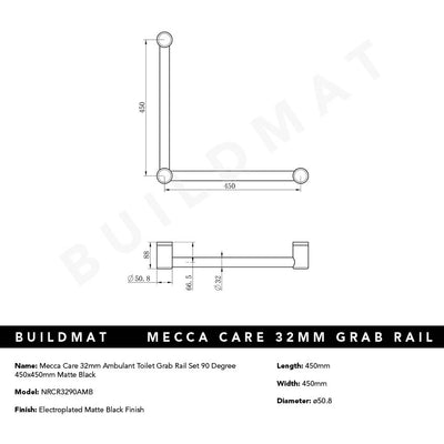 Mecca Care 32mm Ambulant Toilet Grab Rail 90 Degree 450x450mm Matte Black