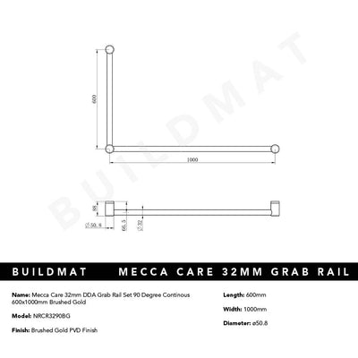 Mecca Care 32mm DDA Grab Rail Set 90 Degree 600x1000mm Brushed Gold