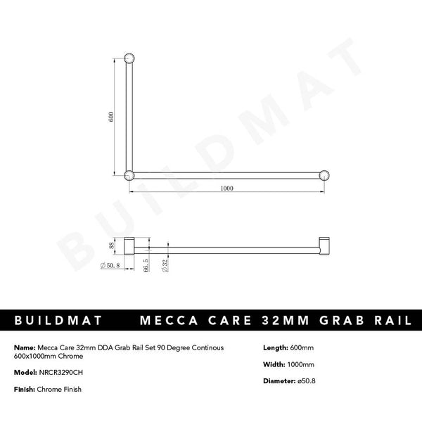 Nero Mecca Care 32mm DDA Grab Rail Set 90 Degree 600x1000mm Chrome