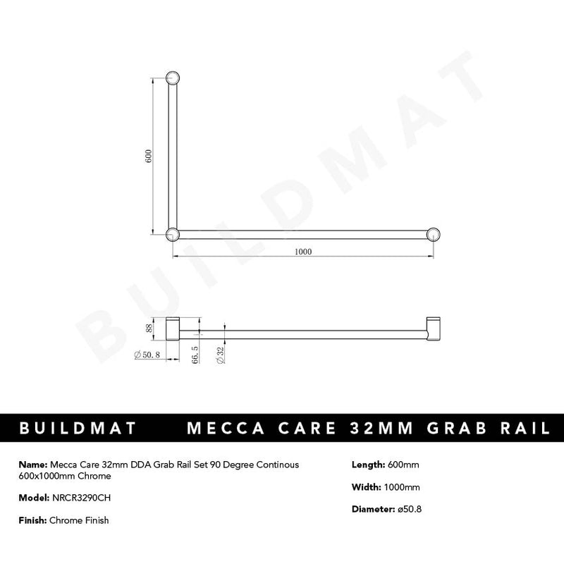 Mecca Care 32mm DDA Grab Rail Set 90 Degree 600x1000mm Chrome