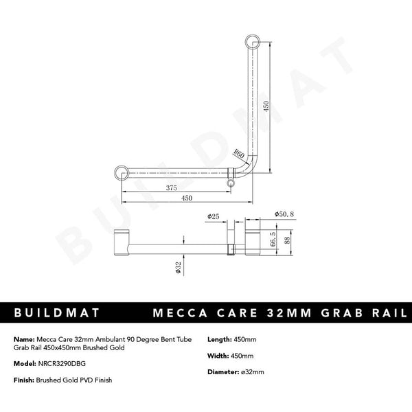 Nero Mecca Care 32mm Ambulant 90 Degree Bent Tube Grab Rail 450x450mm Brushed Gold