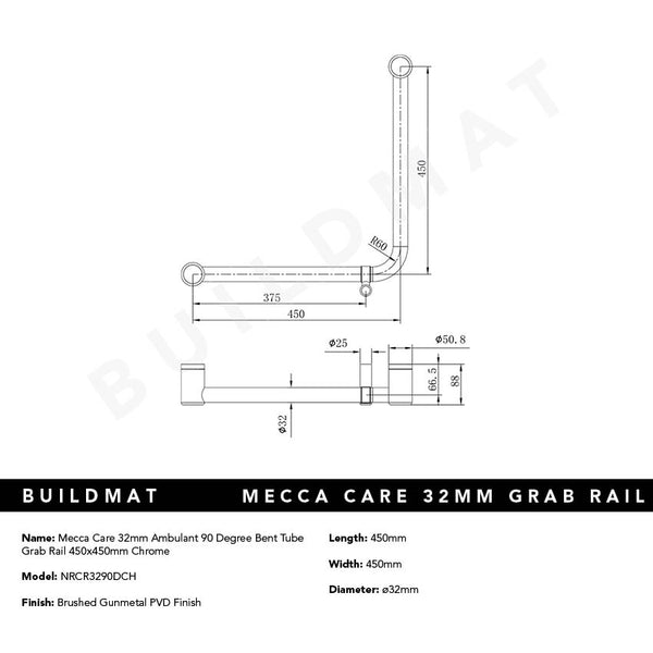 Nero Mecca Care 32mm Ambulant 90 Degree Bent Tube Grab Rail 450x450mm Chrome