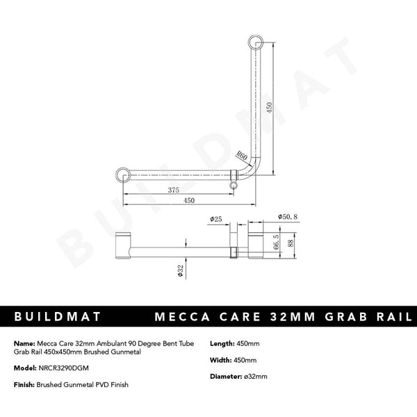 Nero Mecca Care 32mm Ambulant 90 Degree Bent Tube Grab Rail 450x450mm Brushed Gunmetal