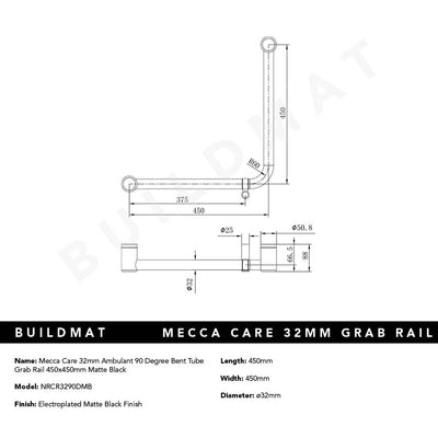 Mecca Care 32mm Ambulant 90 Degree Bent Tube Grab Rail 450x450mm Matte Black