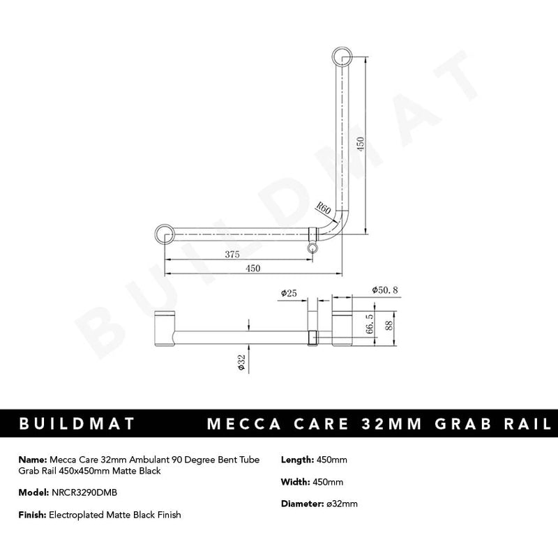 Mecca Care 32mm Ambulant 90 Degree Bent Tube Grab Rail 450x450mm Matte Black