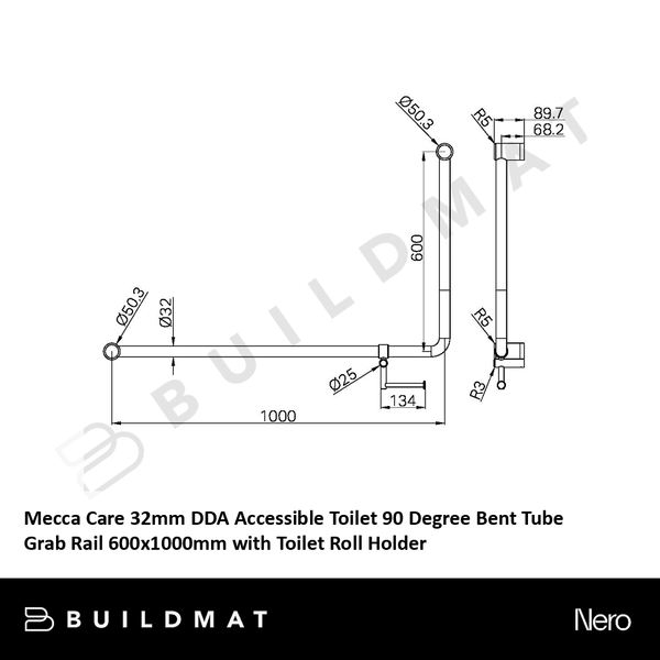 Nero Mecca Care 32mm DDA Accessible Toilet 90 Degree Bent Tube Grab Rail 600x1000mm with Toilet Roll Holder Brushed Nickel