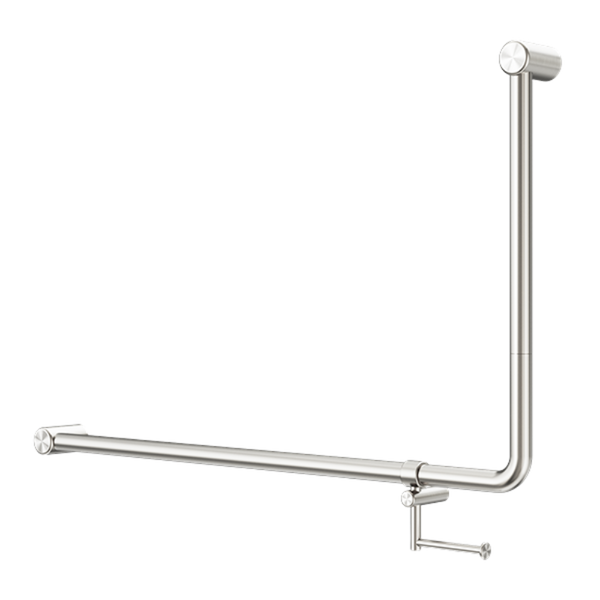 Nero Mecca Care 32mm DDA Accessible Toilet 90 Degree Bent Tube Grab Rail 600x1000mm with Toilet Roll Holder Brushed Nickel
