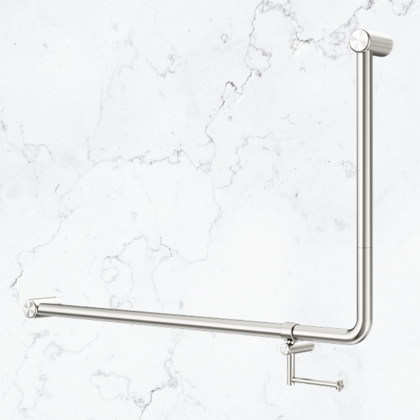 Nero Mecca Care 32mm DDA Accessible Toilet 90 Degree Bent Tube Grab Rail 600x1000mm with Toilet Roll Holder Brushed Nickel