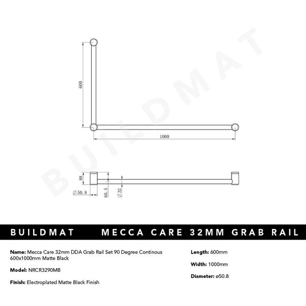 Nero Mecca Care 32mm DDA Grab Rail Set 90 Degree 600x1000mm Matte Black