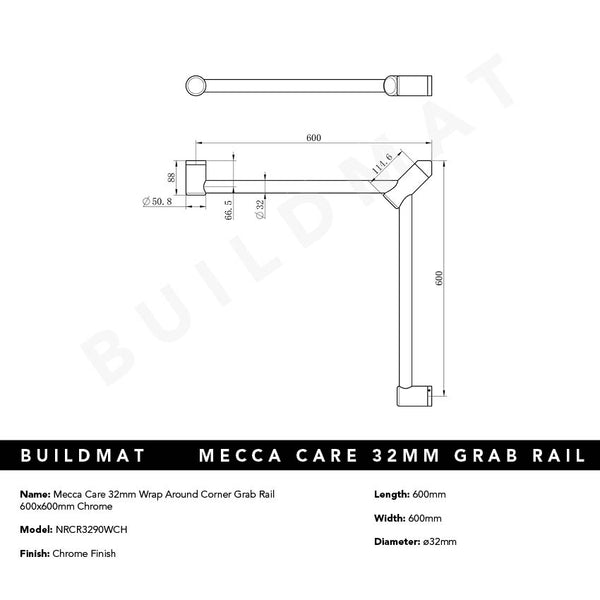Nero Mecca Care 32mm Wrap Around Corner Grab Rail 600x600mm Chrome