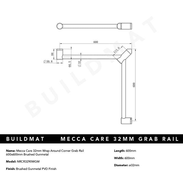 Nero Mecca Care 32mm Wrap Around Corner Grab Rail 600x600mm Brushed Gunmetal