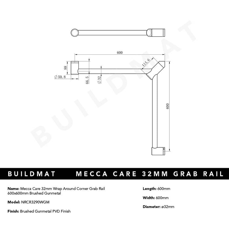 Mecca Care 32mm Wrap Around Corner Grab Rail 600x600mm Brushed Gunmetal