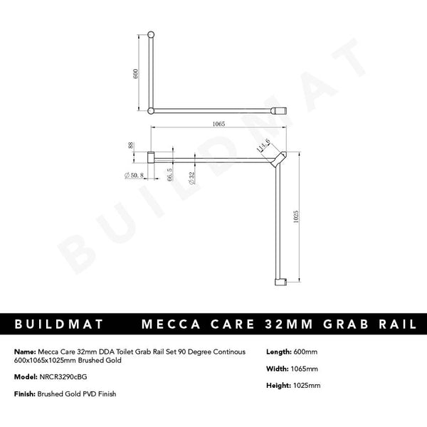 Nero Mecca Care 32mm DDA Toilet Grab Rail Set 90 Degree Continuous 600x1065x1025mm Brushed Gold