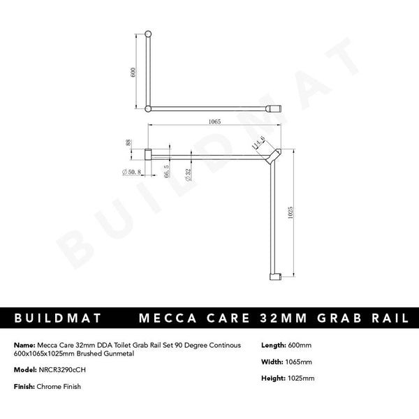 Nero Mecca Care 32mm DDA Toilet Grab Rail Set 90 Degree Continuous 600x1065x1025mm Chrome