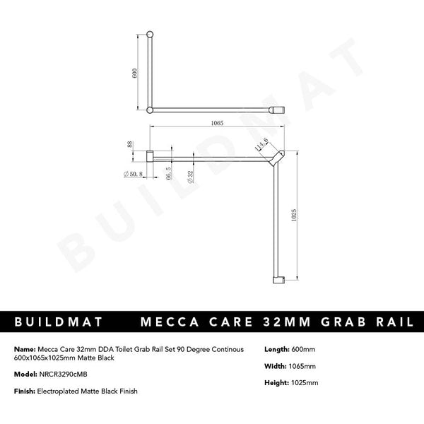 Nero Mecca Care 32mm DDA Toilet Grab Rail Set 90 Degree Continuous 600x1065x1025mm Matte Black