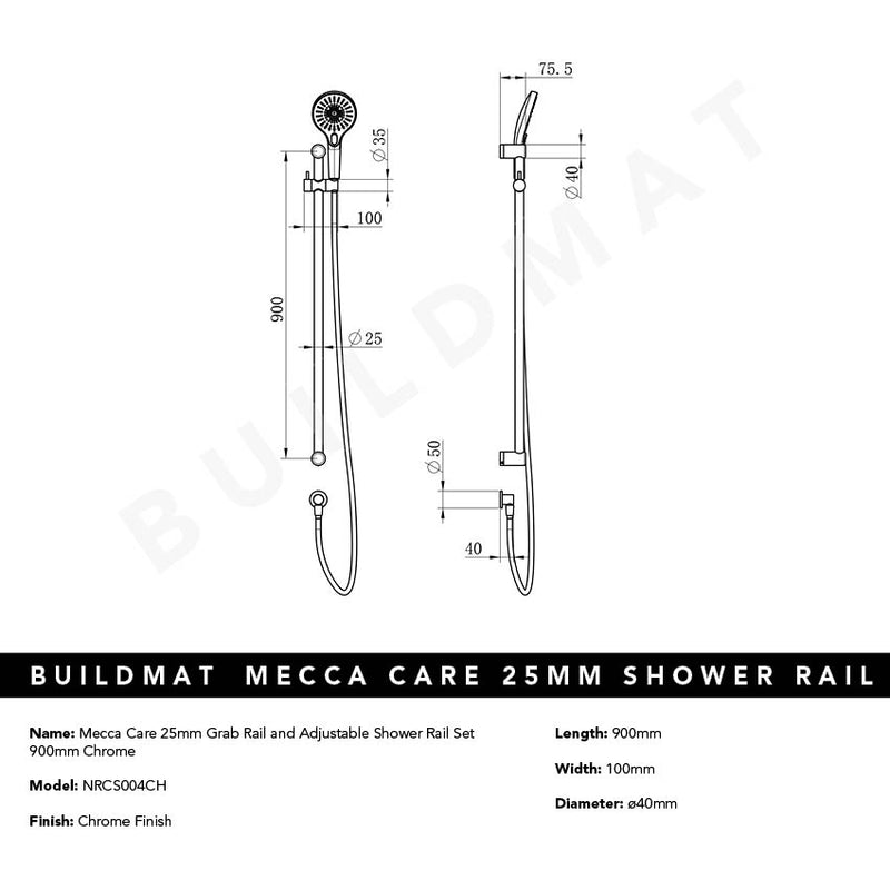 Mecca Care 25mm Grab Rail and Adjustable Shower Rail Set 900mm Chrome