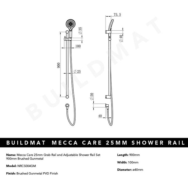 Nero Mecca Care 25mm Grab Rail and Adjustable Shower Rail Set 900mm Brushed Gunmetal