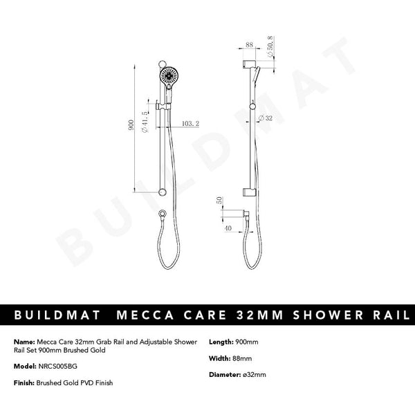 Nero Mecca Care 32mm Grab Rail and Adjustable Shower Rail Set 900mm Brushed Gold