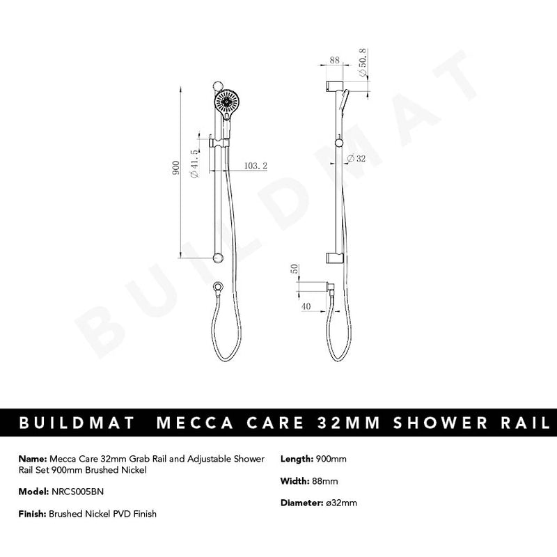 Mecca Care 32mm Grab Rail and Adjustable Shower Rail Set 900mm Brushed Nickel
