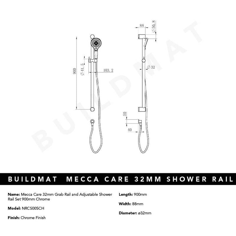 Mecca Care 32mm Grab Rail and Adjustable Shower Rail Set 900mm Chrome