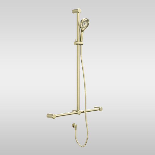 Nero Mecca Care 32mm T Bar Grab Rail and Adjustable Shower Set 1100x750mm Brushed Gold