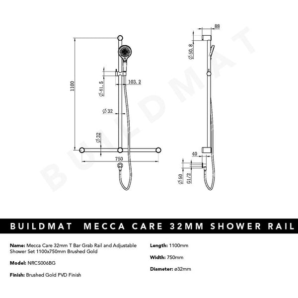 Nero Mecca Care 32mm T Bar Grab Rail and Adjustable Shower Set 1100x750mm Brushed Gold