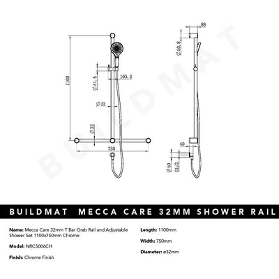 Mecca Care 32mm T Bar Grab Rail and Adjustable Shower Set 1100x750mm Chrome