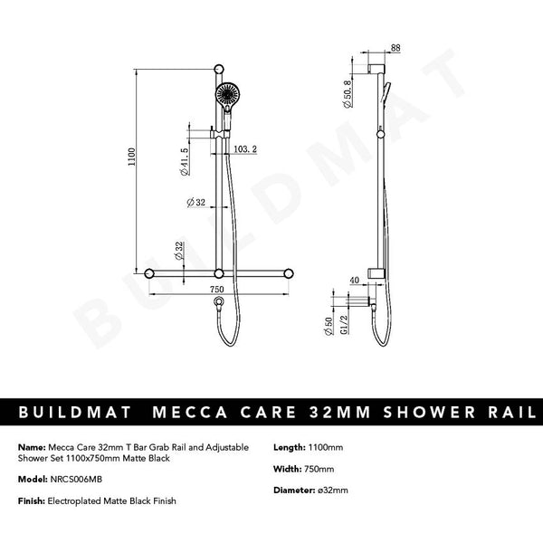 Nero Mecca Care 32mm T Bar Grab Rail and Adjustable Shower Set 1100x750mm Matte Black
