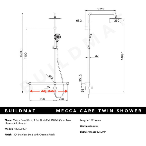 Nero Mecca Care 32mm T Bar Grab Rail 1100x750mm Twin Shower Set Chrome