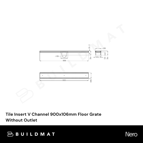 Nero Tile Insert V Channel 900x106mm Floor Grate Without Outlet Brushed Gold