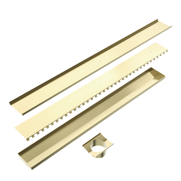 Nero Tile Insert V Channel Floor Grate 89mm Outlet with Hole Saw Brushed Gold