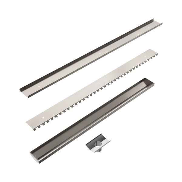 Nero Tile Insert V Channel 900x106mm Floor Grate 90mm Outlet Brushed Nickel