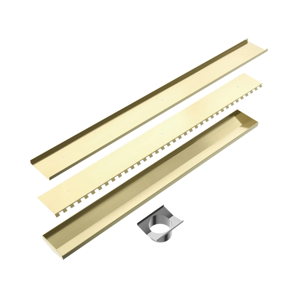 Nero Tile Insert V Channel 900x106mm Floor Grate 90mm Outlet Brushed Gold
