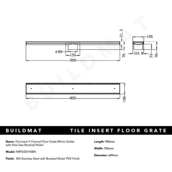 Nero Tile Insert V Channel 900x106mm Floor Grate 90mm Outlet Brushed Nickel