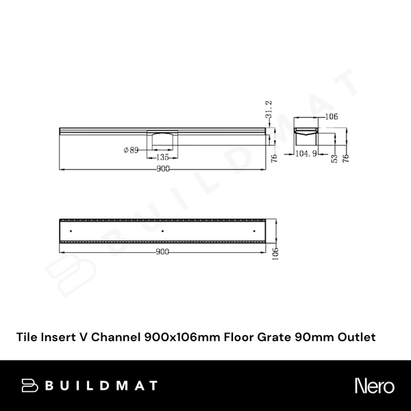 Nero Tile Insert V Channel 900x106mm Floor Grate 90mm Outlet Gunmetal