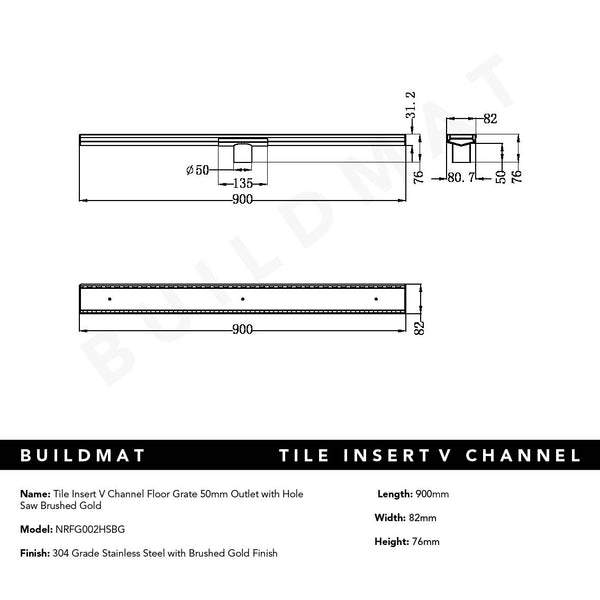 Nero Tile Insert V Channel 900x82mm Floor Grate 50mm Outlet Brushed Gold