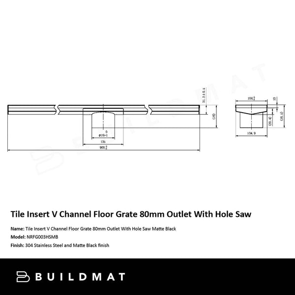 Nero Tile Insert V Channel 900x106mm Floor Grate 80mm Outlet Matte Black