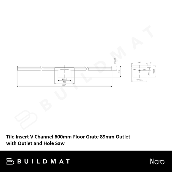 Nero Tile Insert V Channel 600mm Floor Grate 89mm Outlet with Outlet and Hole Saw Brushed Bronze
