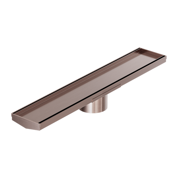 Nero Tile Insert V Channel 600mm Floor Grate 89mm Outlet with Outlet and Hole Saw Brushed Bronze