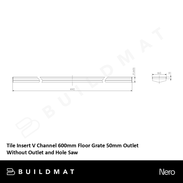 Nero Tile Insert V Channel 600mm Floor Grate 50mm Outlet without Outlet and Hole Saw Brushed Bronze