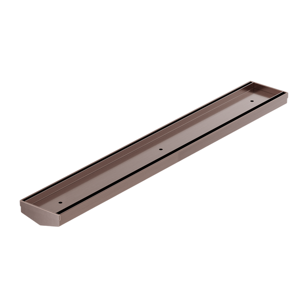 Nero Tile Insert V Channel 600mm Floor Grate 50mm Outlet without Outlet and Hole Saw Brushed Bronze
