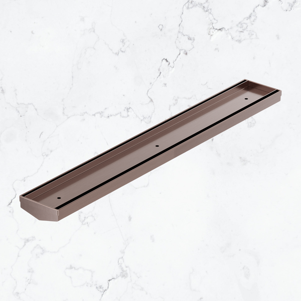 Nero Tile Insert V Channel 600mm Floor Grate 50mm Outlet without Outlet and Hole Saw Brushed Bronze