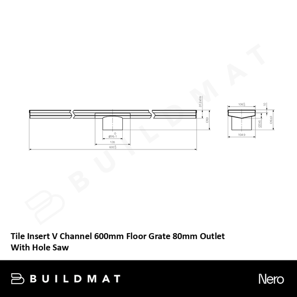 Nero Tile Insert V Channel 600mm Floor Grate 80mm Outlet with Outlet and Hole Saw Brushed Bronze