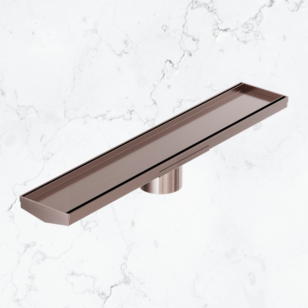 Nero Tile Insert V Channel 600mm Floor Grate 80mm Outlet with Outlet and Hole Saw Brushed Bronze