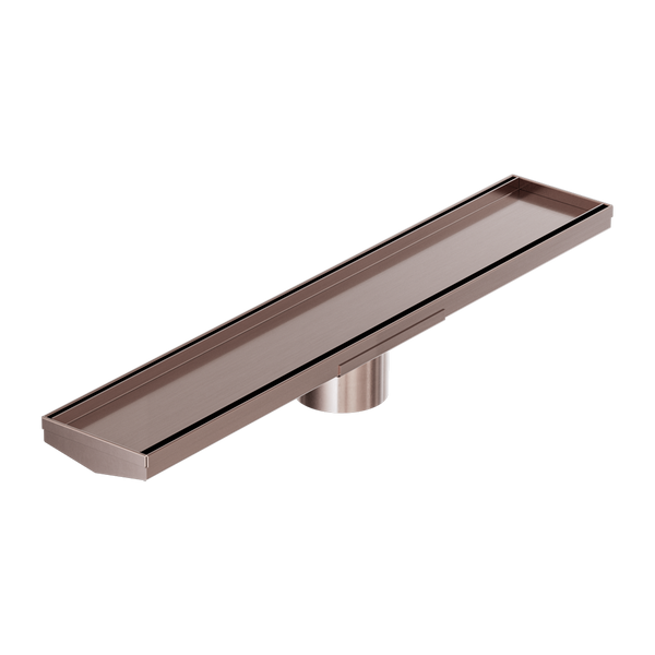 Nero Tile Insert V Channel 600mm Floor Grate 80mm Outlet with Outlet and Hole Saw Brushed Bronze